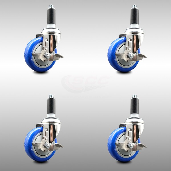 Service Caster 4 Inch 316SS Blue Poly Swivel 1 Inch Expanding Stem Caster Set Brake SCC SCC-SS316EX20S414-PPUB-BLUE-TLB-1-4 - main